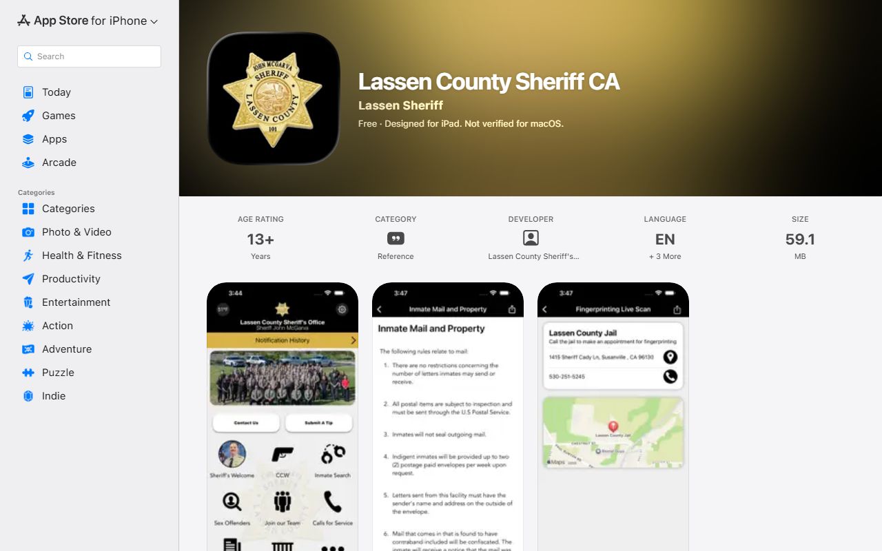 Lassen County inmate records sheriff iOS app listing