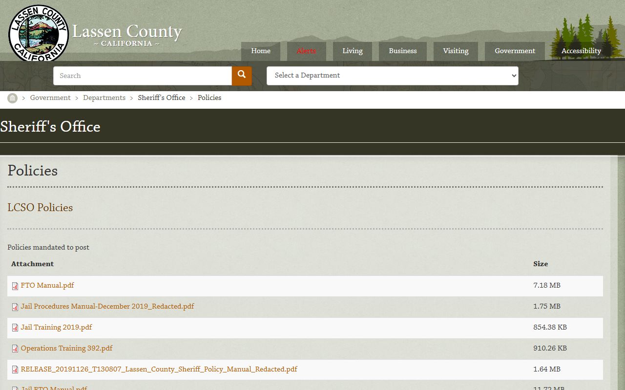 Lassen County inmate records sheriff policies and jail procedures page