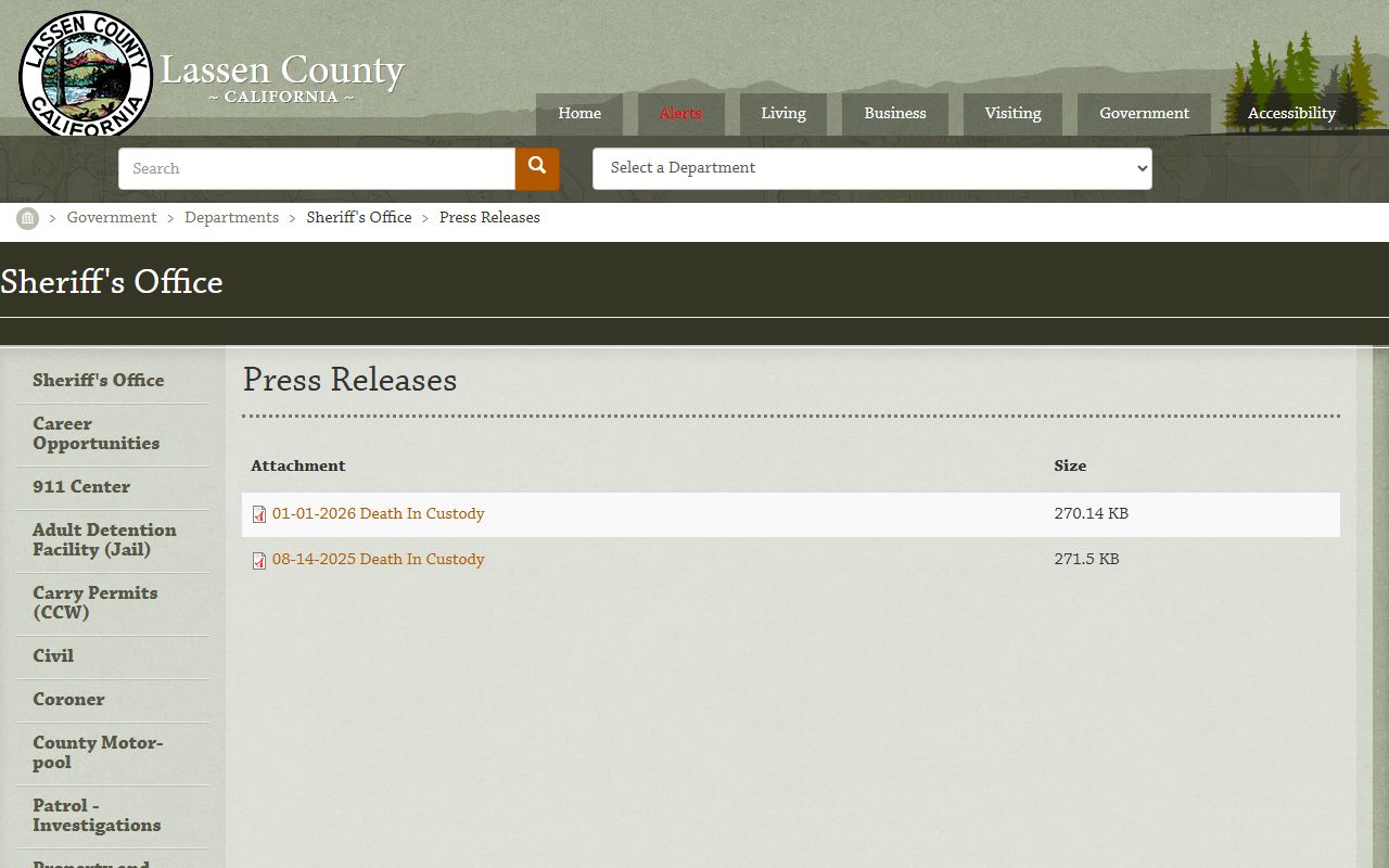 Lassen County inmate population sheriff press releases custody reporting